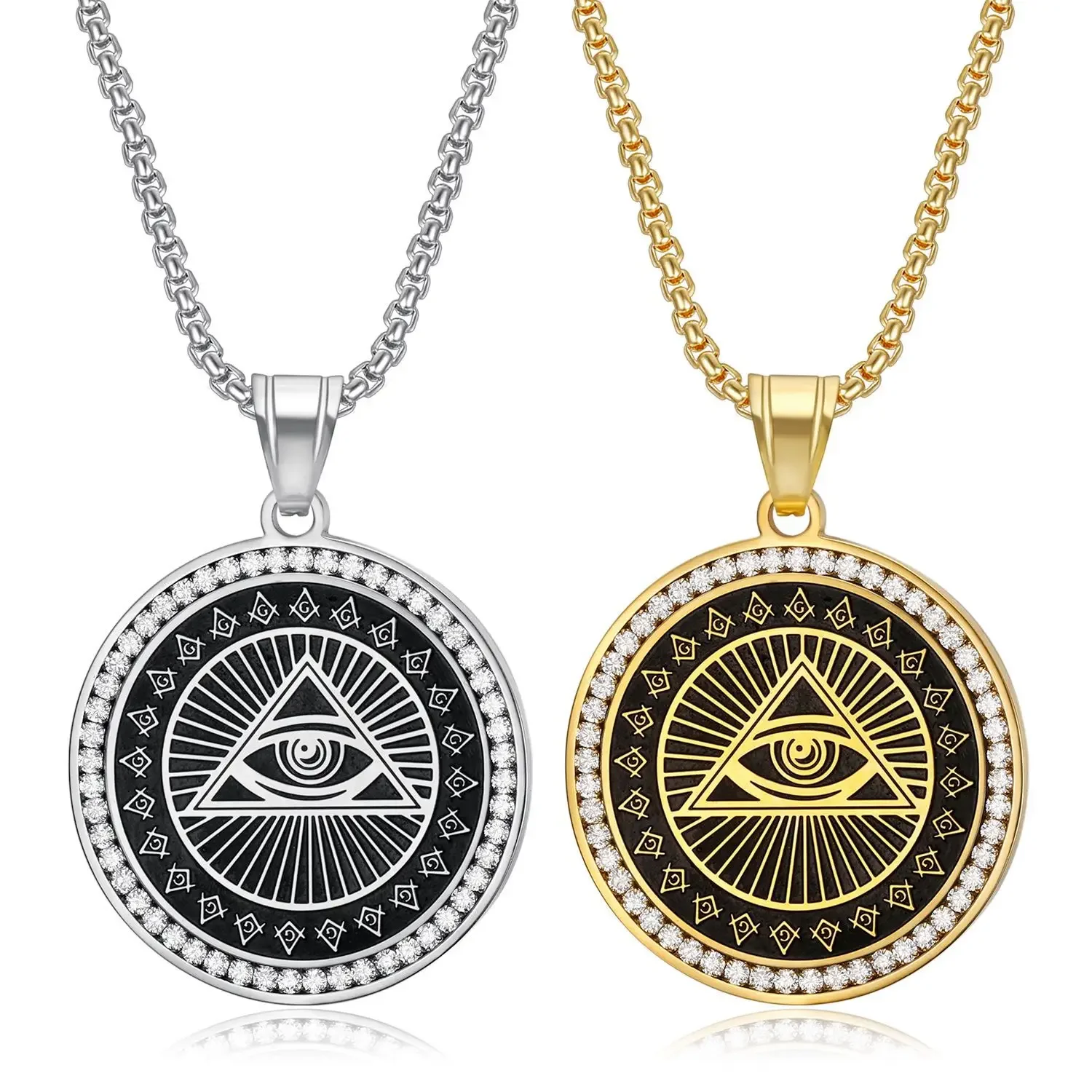

18K Gold Plated Triangle Masonic Eye Pendant Necklace Zircon Stainless Steel Hip Hop Freemason Jewelry For Men Gift