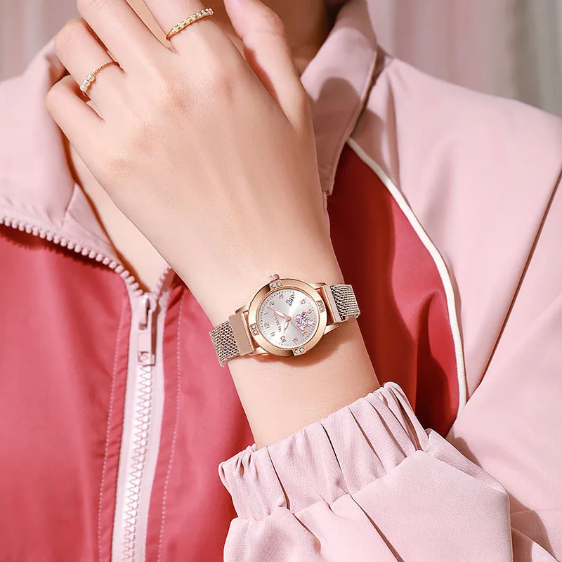 Sanrio Rose Gold Women's Watch - Diamond-Encrusted Dial with Magnetic Milanese Strap, Quartz Student Watch