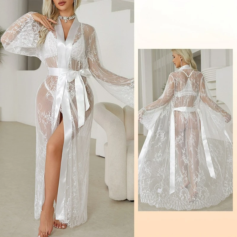 New Fashionable European  American Style Sexy Lace Robe Perspective Temptation Pajama Women's Outerwear Home Clothes 2026 Summer