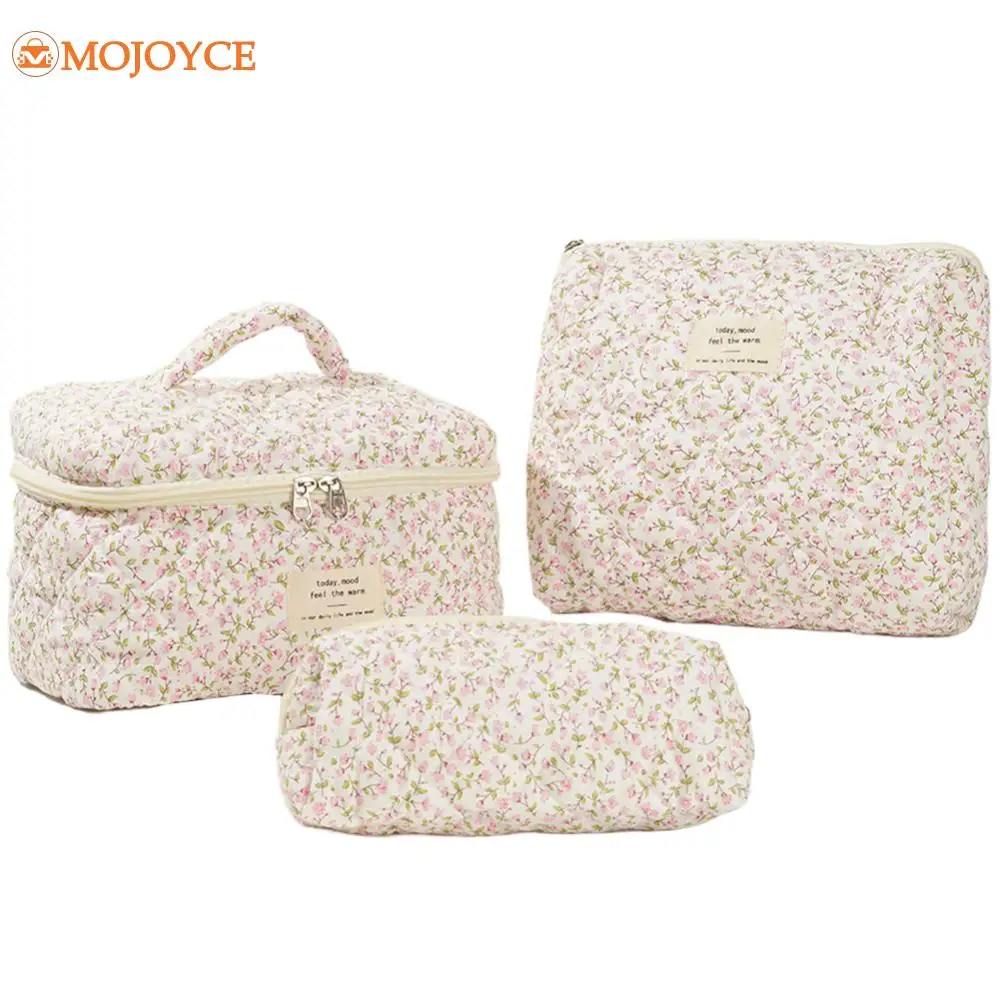 3pcs/set Fashion Floral Quilted Makeup Bag Travel Cosmetic Storage Bag Large Capacity Skincare Bag Women Aesthetic Organizer Bag