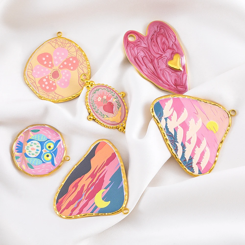 

2pcs Stainless Steel Colorful Enamel Natural Scenery Pendant Heart Flower Owl Charms for DIY Necklace Jewelry Accessories Crafts