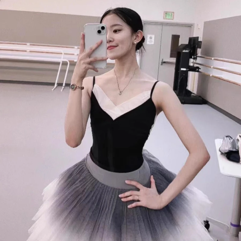 

customized women's adult ballet dance practice outfit with V-neck suspender body shaping gymnastics outfit skirts dress leotard