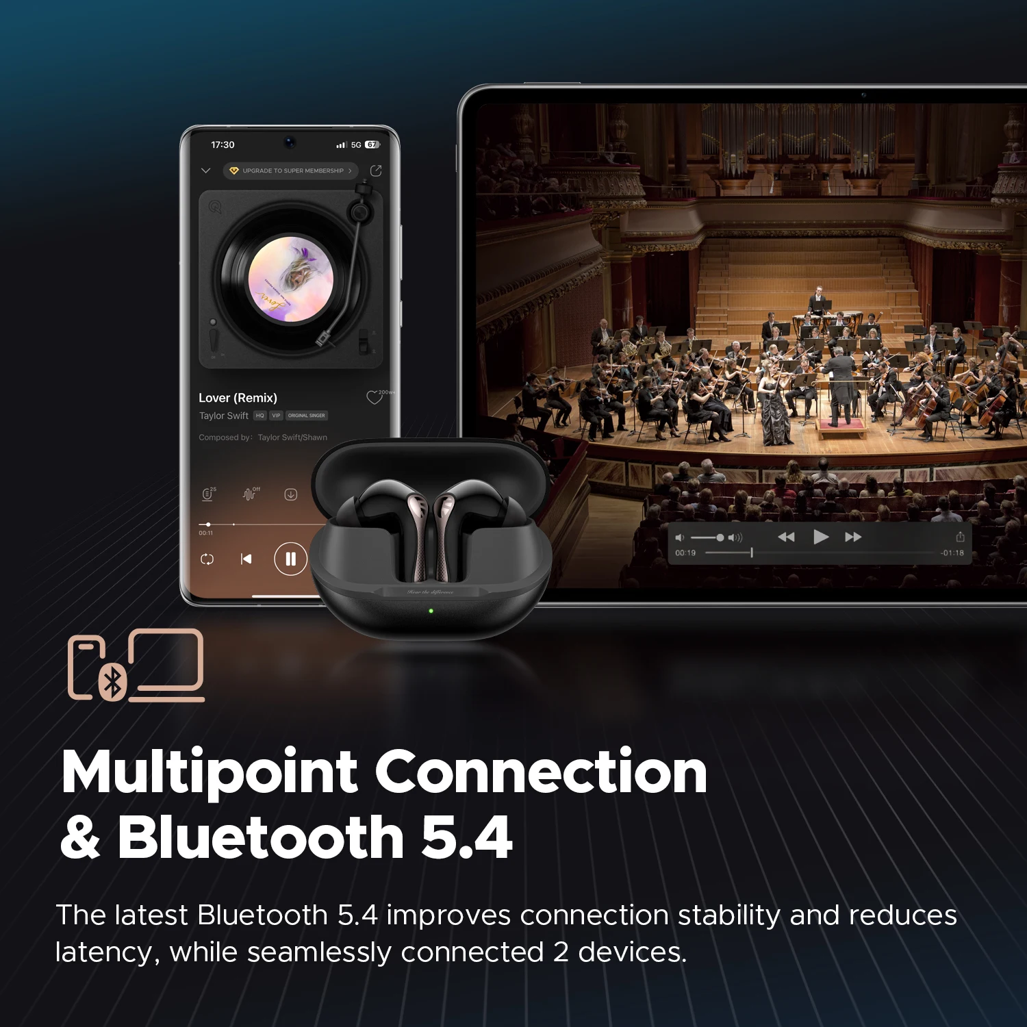سماعات أذن لاسلكية SoundPEATS Air5 Pro، سماعات أذن هجينة ANC بلوتوث 5.4 aptX ™   ضياع، LDAC LE Hi-Res Audio 6 ميكروفونات