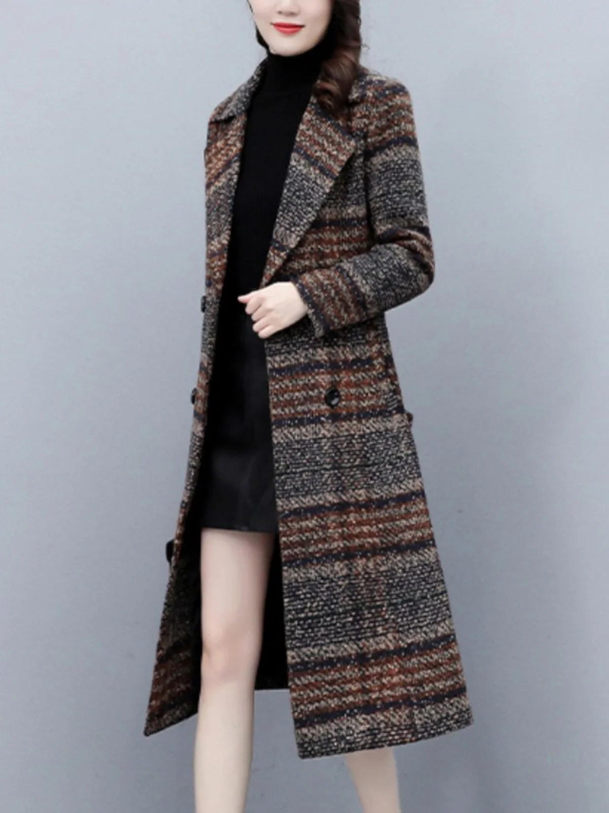 Women\' Medium and Long Double-Breasted Flip collar Retract waist Woolen Coat Slim Coffee Plaid Windbreaker High-end Clothing New