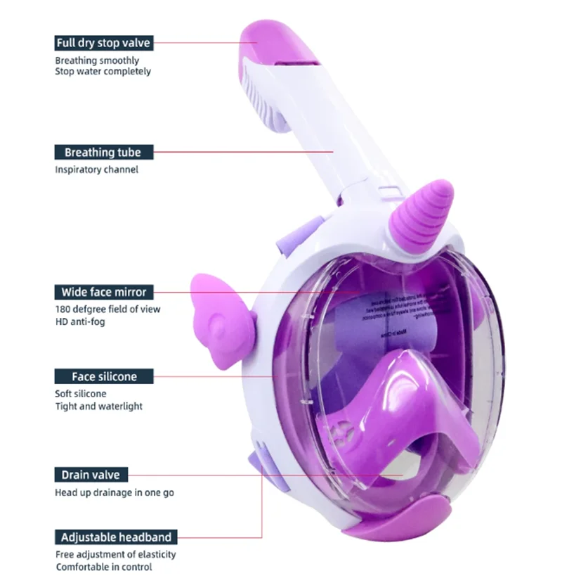 Maska do nurkowania z rurką na całą twarz Maska do nurkowania dla dzieci z 180 °   Panoramiczny widok Dłuższa rurka wentylacyjna Wodoodporna, przeciwmgielna i zapobiegająca wyciekom