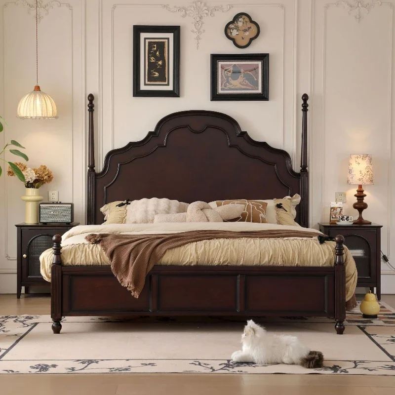 

.American Retro Solid Wood Bed Black Premium Double Bed Retro French New Medium And Ancient Style.