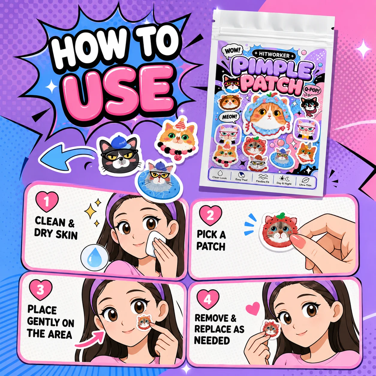 48/240pcs Cute Cat Hydrocolloid Spot Cover Patches, Cartoon Face Stickers, Easy Peel Daily Skin Care Day Night Use view 6