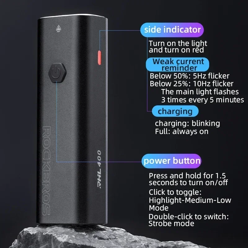 ROCKBROS الدراجة الخفيفة 200/400/600/800/1000/1500LM نوع-C شحن دراجة الجبهة مصباح الدراجات العلوي الألومنيوم IPX6 مقاوم للماء