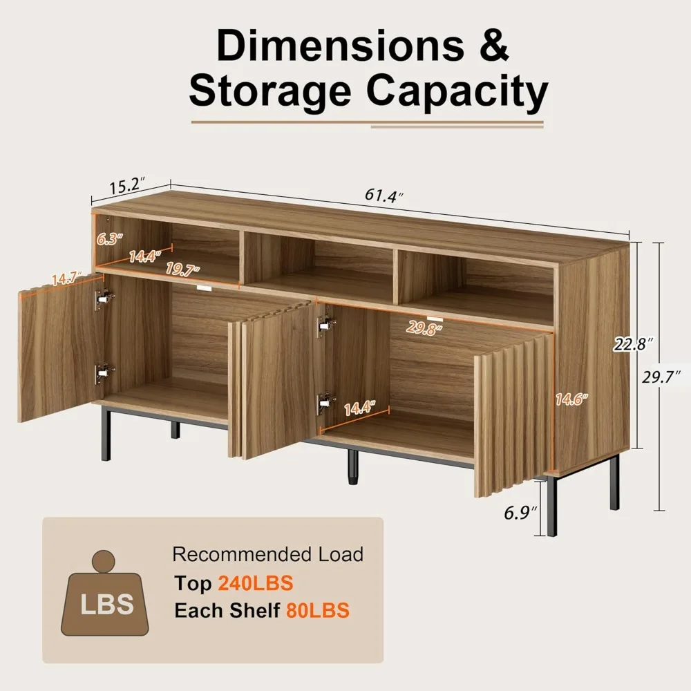 Aparador moderno de mediados de siglo con almacenamiento, aparador estriado de 61,4 pulgadas, mueble buffet de madera con patas de metal