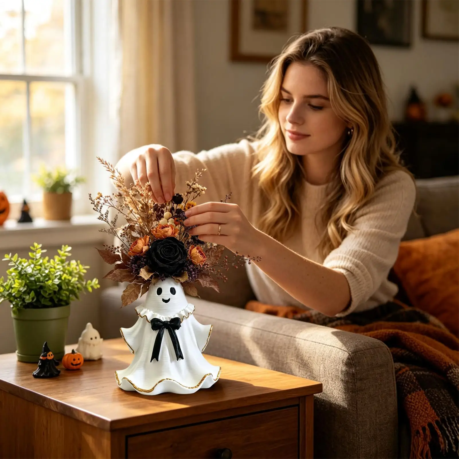 Halloween Flower Vase Cute Resin Smiling Festive Small Figurines Flower Vase Halloween Ghost Decor For Home Bedroom Living Room