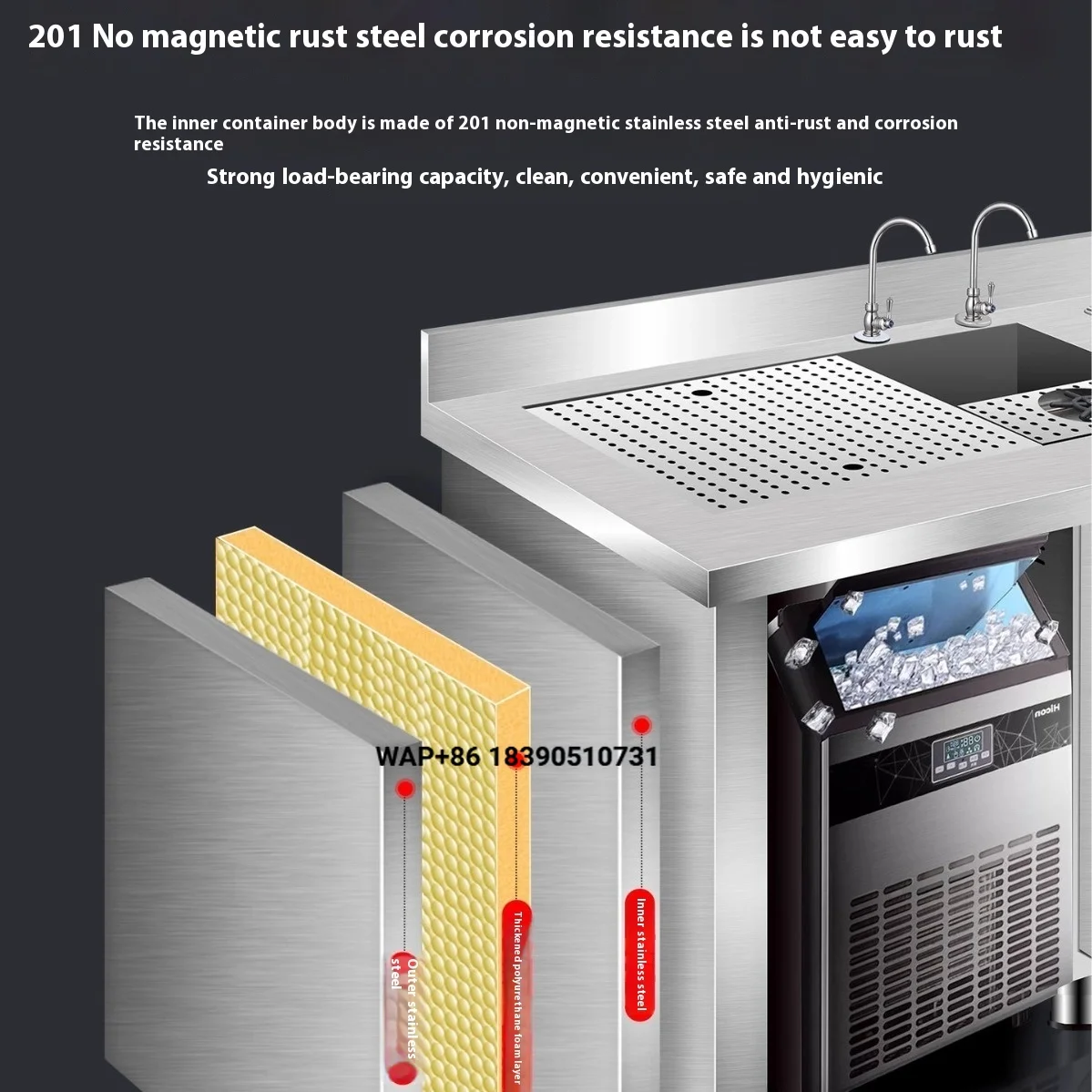 Electric Stainless Steel Bar Square Cocktail Cabinet for KTV Water Bar Counter Workbench with Refrigeration for Bartenders