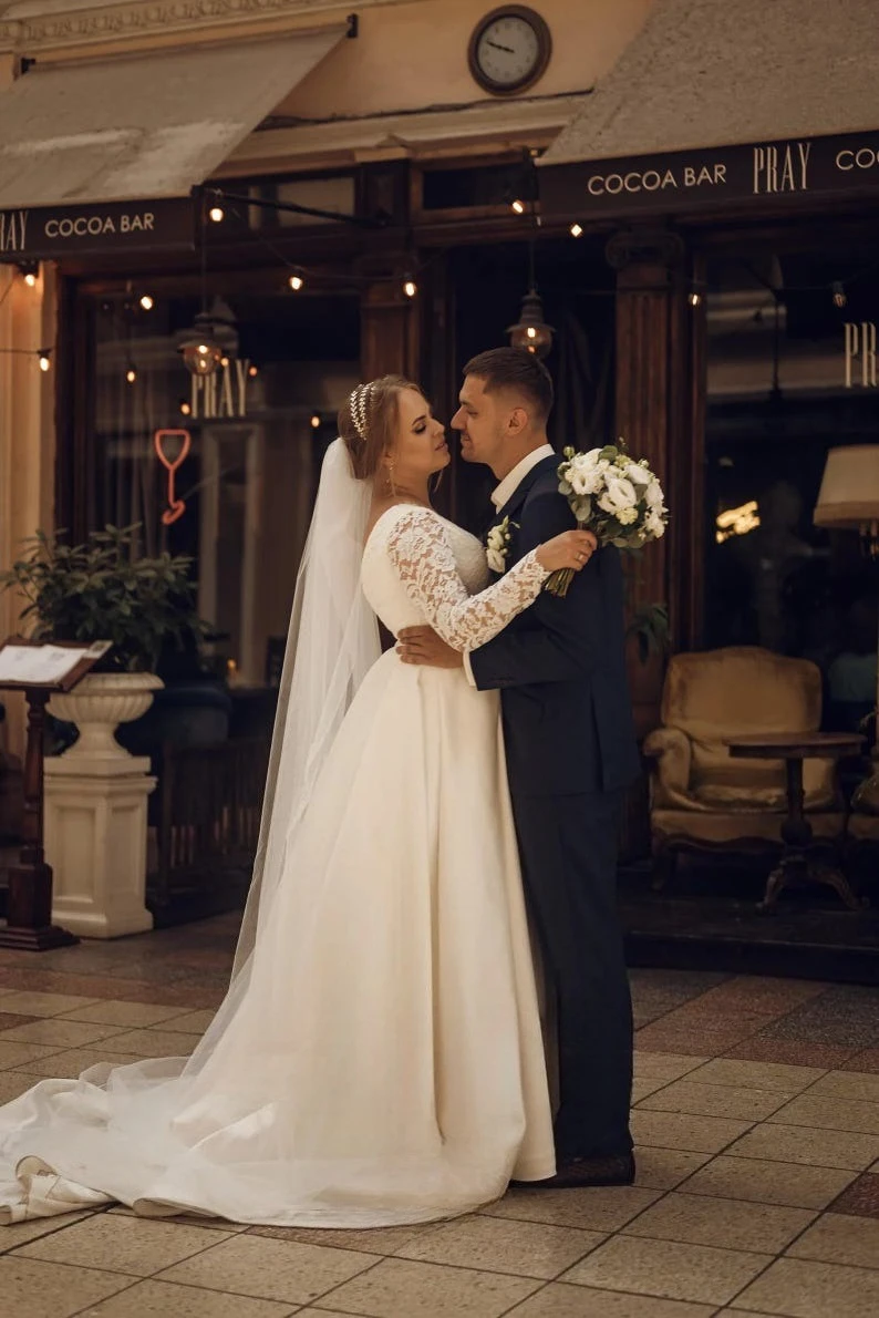 Vestido de novia de satén, vestido de novia de cola larga de satén, vestido de novia bohemio de manga larga, vestido de novia sencillo, vestidos de fiesta