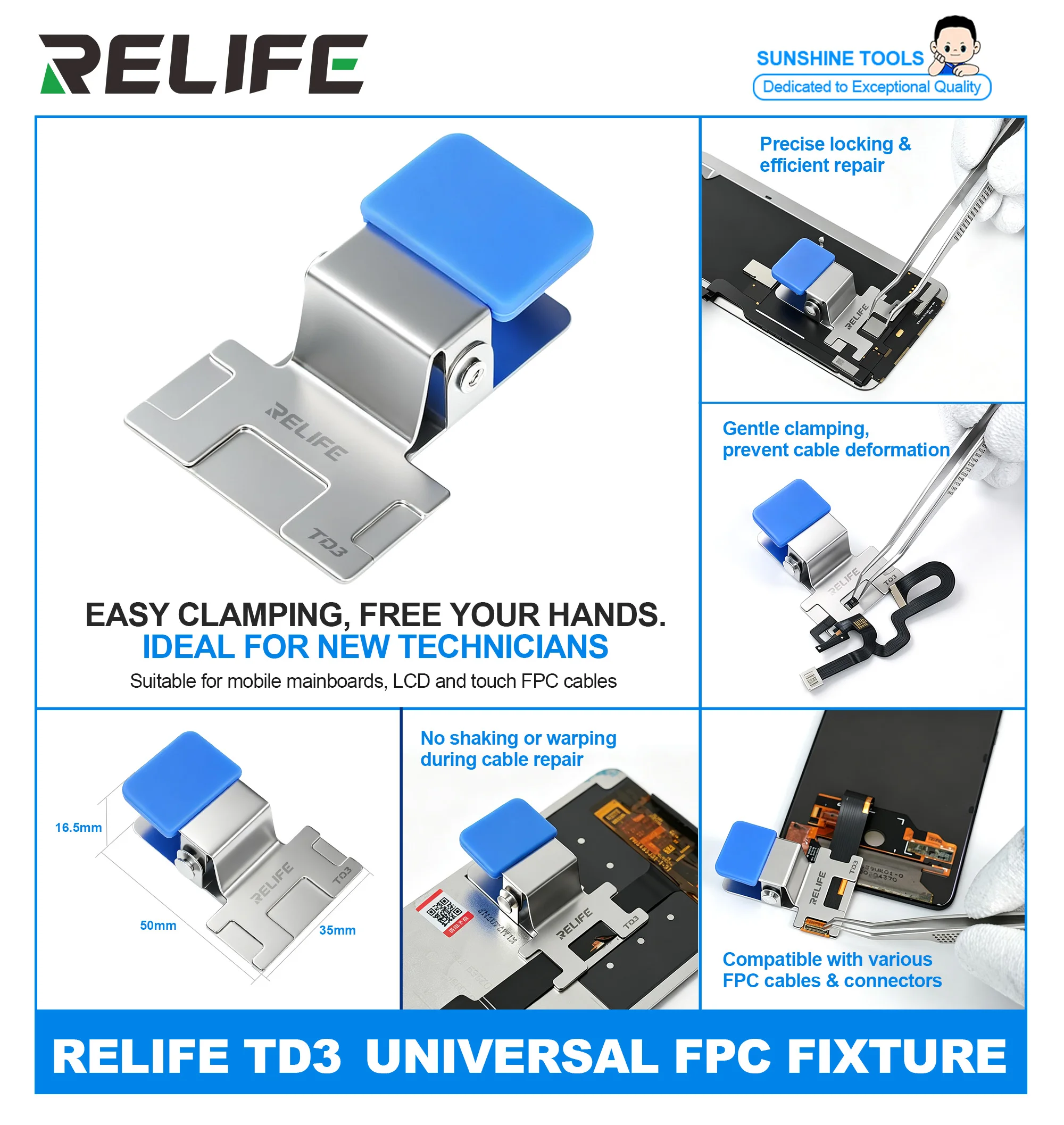 RELIFE TD3 Universal Cable Fixture Non Slip Clamp Precise Locking for Mobile Phone Motherboard FPC LCD Touch Screen Repair Tool