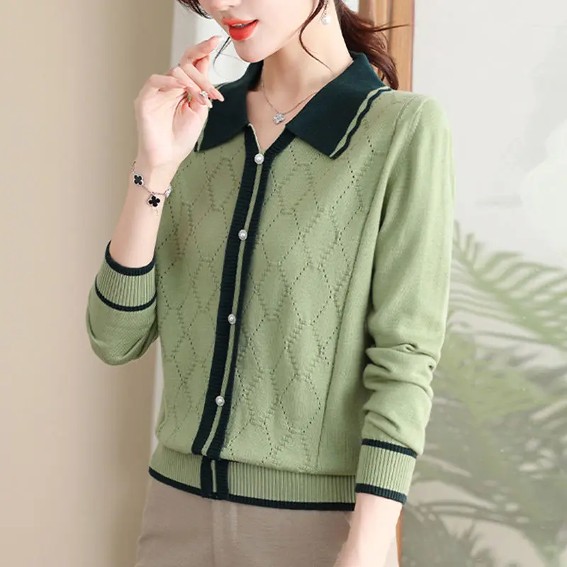 Fashion Lapel Button Elegant Hollow Out Sweaters Women's Clothing 2024 Autumn Winter New Loose Chic Pullovers Commute Tops