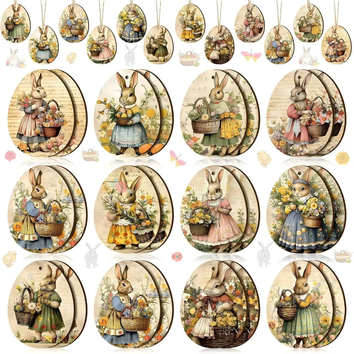 24pcs/set Easter ornament, 2D wooden rabbit tree pendant, holiday decoration, party decoration, home decoration