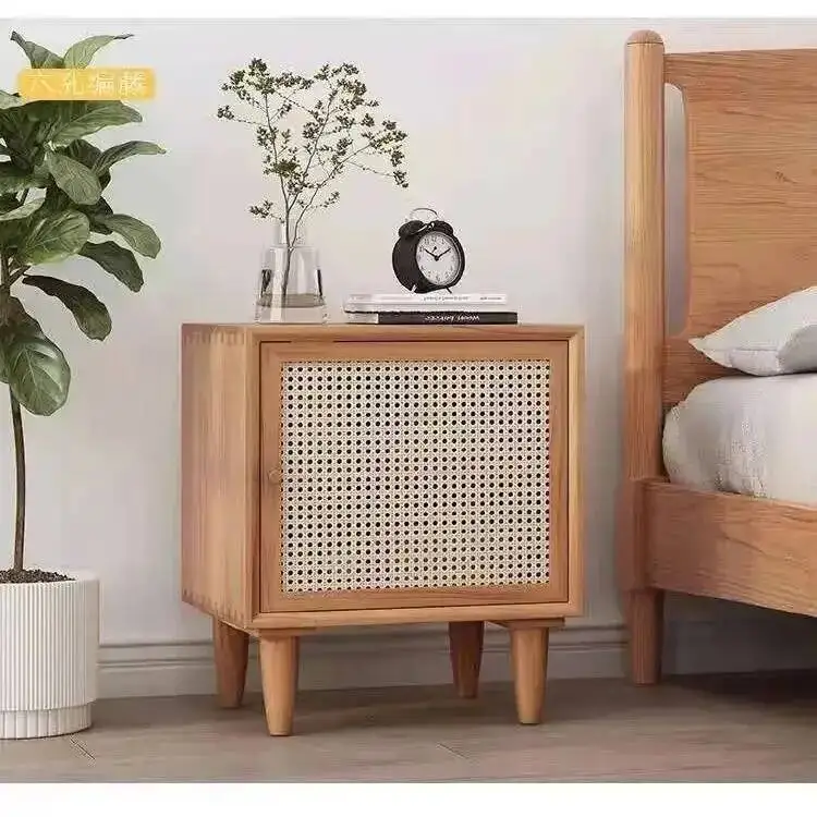 

European Wood Table Modern Solid Bedside Rattan Minimalist Small Apartment Locker Sofa Side Cabinet Bedroom Storage Cabinet