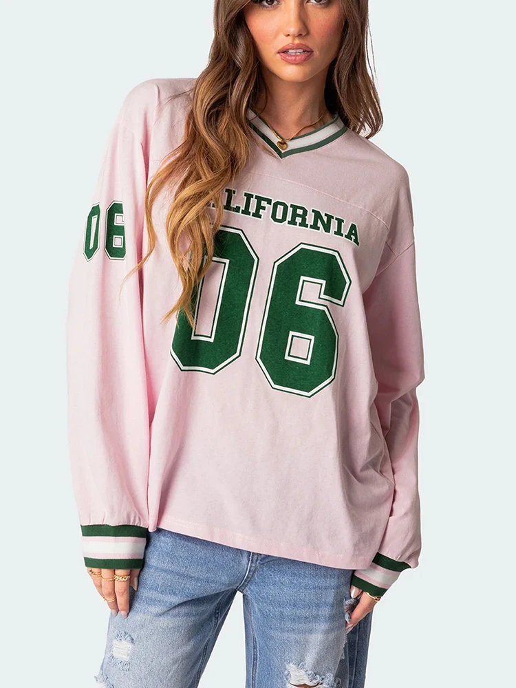 Y2K vintage V-neck sweatshirt oversized sweatshirt Women's Y Korean street clothing hip-hop female printed thin hoodie