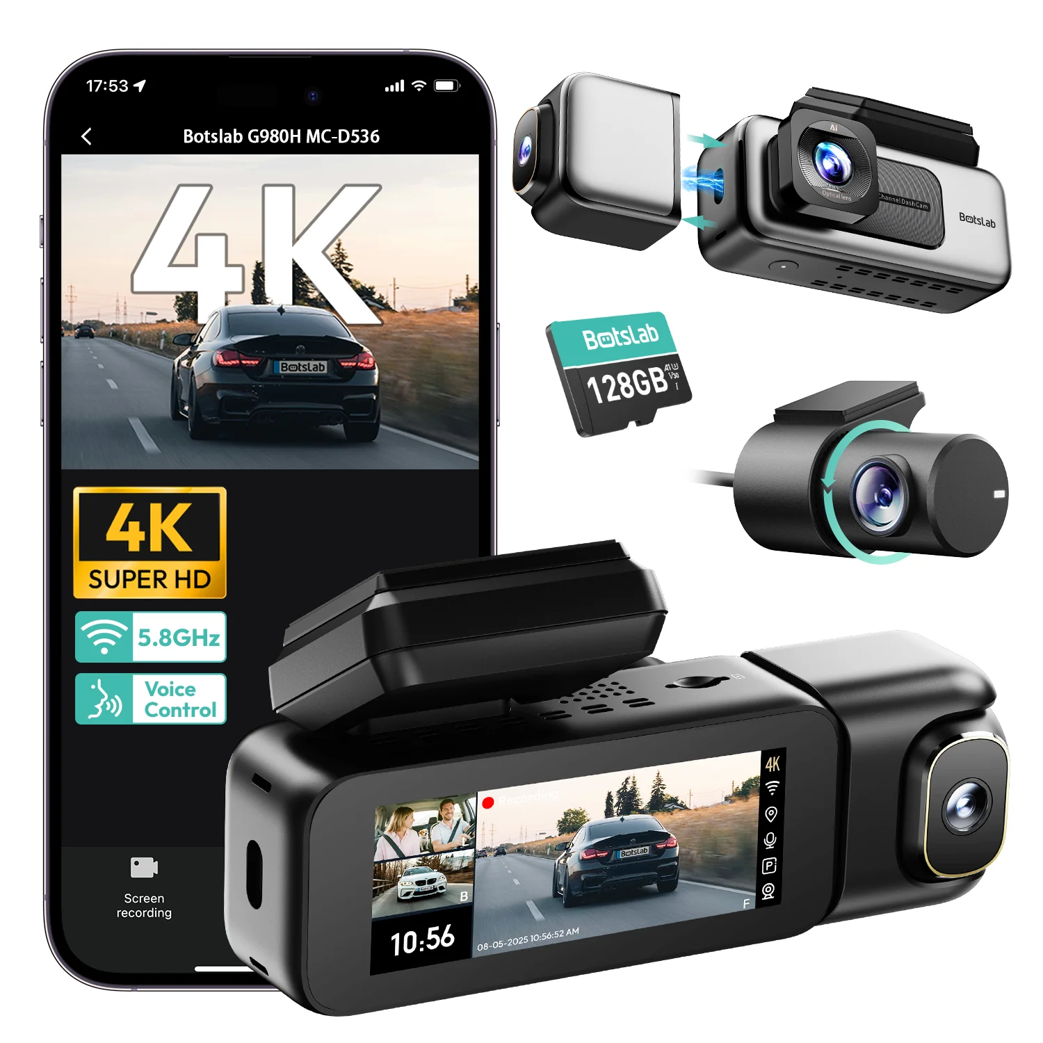Botslab G980H-3-Canales 4K Dashcam Cámara para salpicadero, cámara para salpicadero Triple con Control por Voz, Pantalla táctil de 3,18 Pulgadas, Modo de estacionamiento 24/7, Tarjeta 128 GB incluida