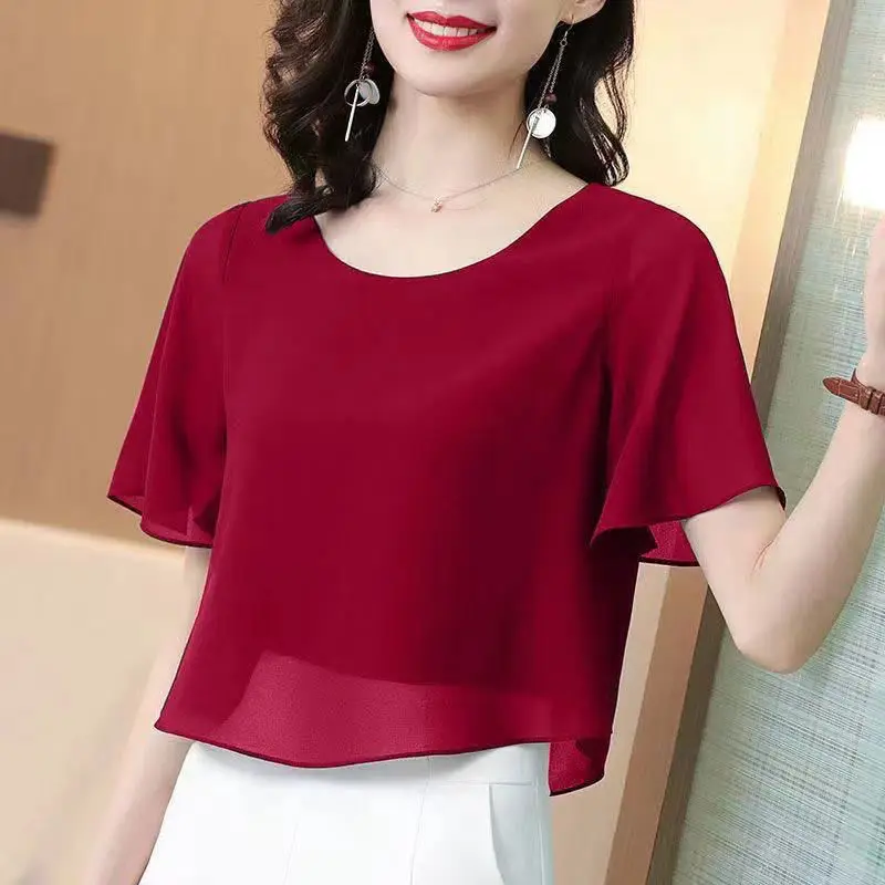 Women\'s Solid Color Short Sleeve Chiffon Shirt 2024 Summer Fashionable Commute Spliced Fake Two Pieces Loose Round Neck Blouses