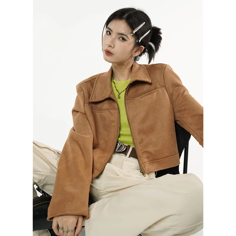 Vintage Brown Jacket Women Short Outwear American Fashion Streetwear Lazy Wind Leisure Winter Thickening Warm Cardigan Coat