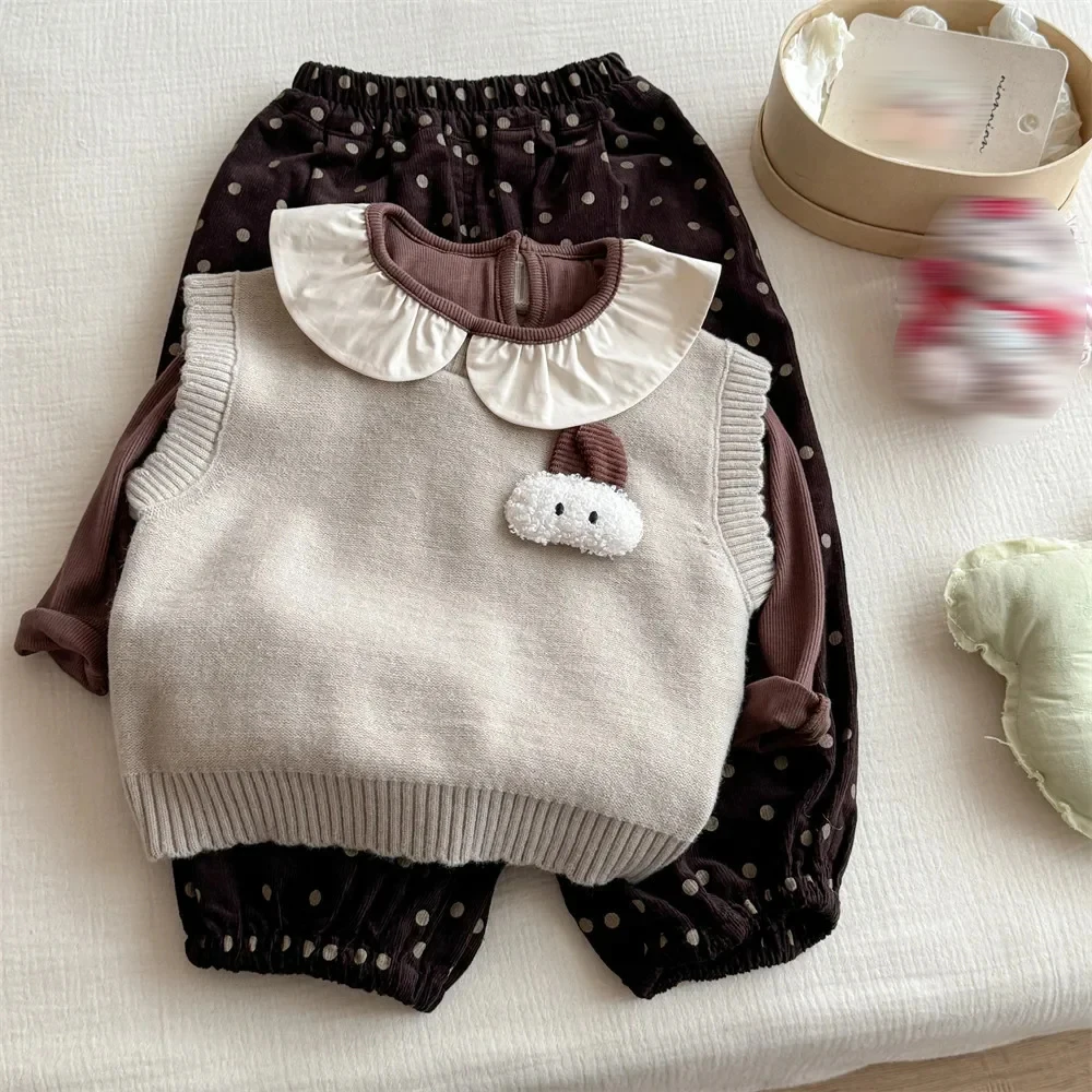 Girls 3Pcs Set Stylized Versatile Baby Knitted Vest Shirt Polka Dot Long Pants Casual Spring Autumn Collection