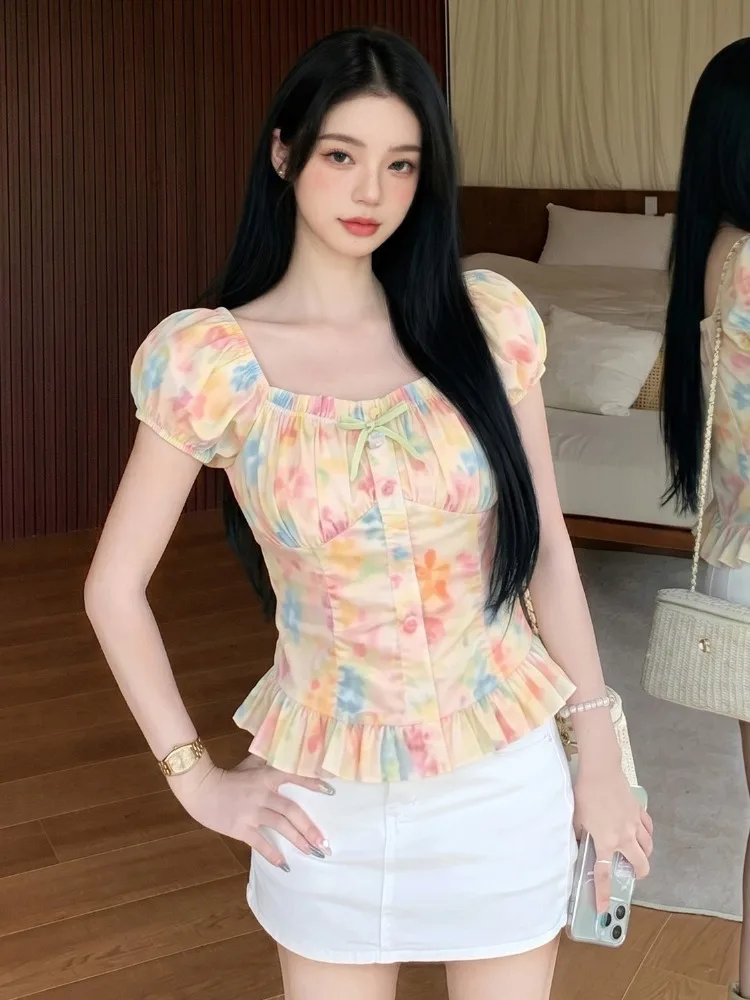 

Summer Slim Fit Short Sleeve T-Shirt Women's Pure Desire Fashion Square Collar Knot Tie Dye Fly Sleeve Short Top