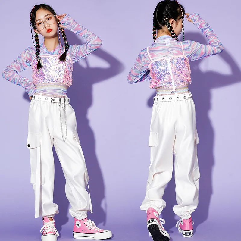 

Kids Pink Crop Top Sequin Camisole Hip Hop Sweatshirt Jogger Clothes Sets Girls Street Dance Pants Wear Child Stage Costumes