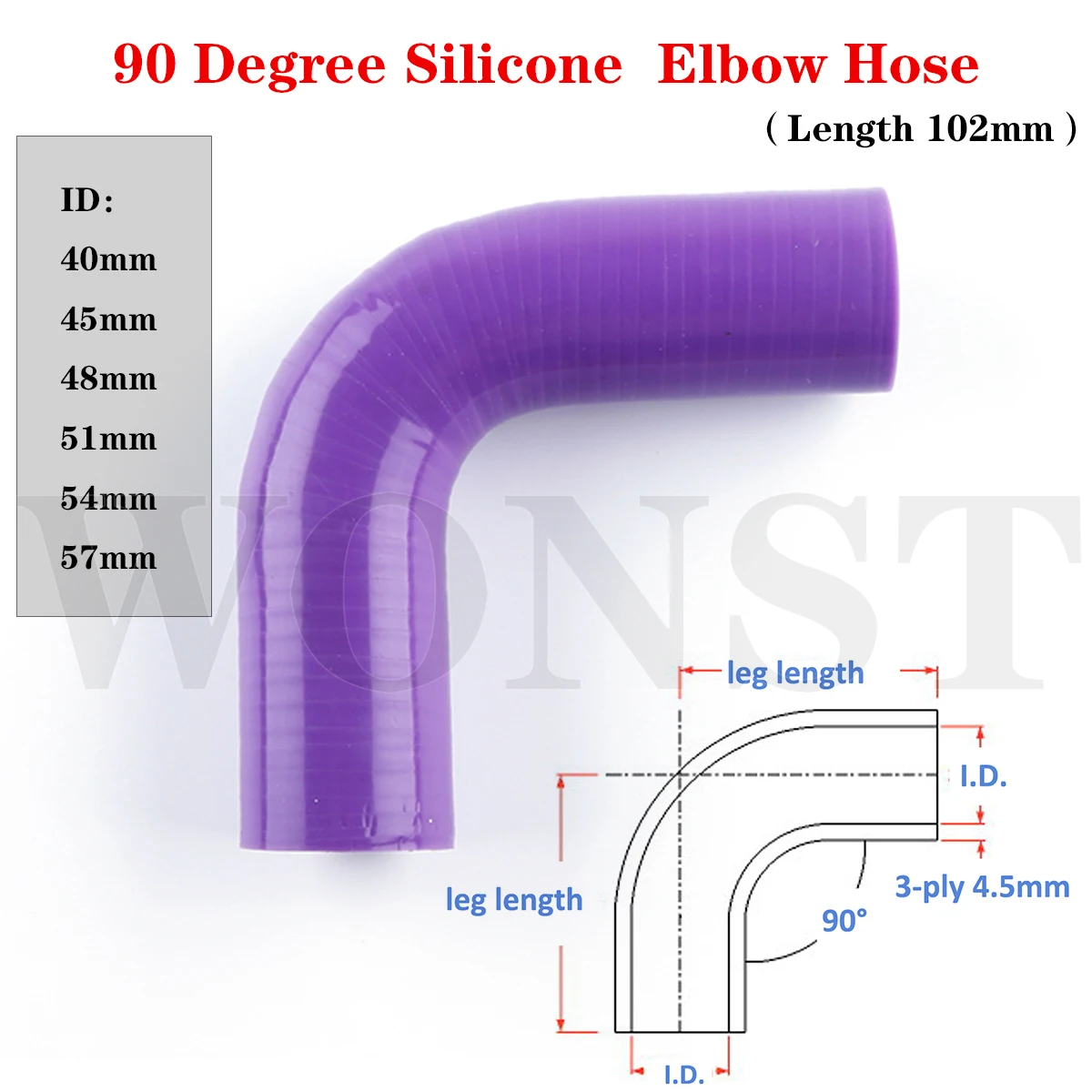 

3ply For 90 Degree Elbow General Silicone Coolant Intercooler Pipe Tube Hose ID 40mm 45mm 48mm 51mm 54mm 57mm 102mm Length