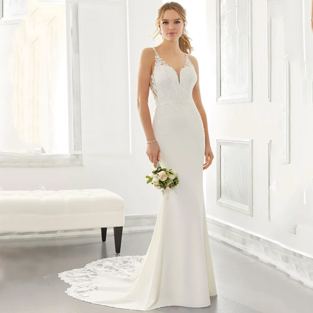 Pmwrun Einfache V-ausschnitt Hochzeit Kleid von Backless Appliques A-linie Tüll High-end-Braut Strand Am Meer Heiraten Kleider Multi Größe