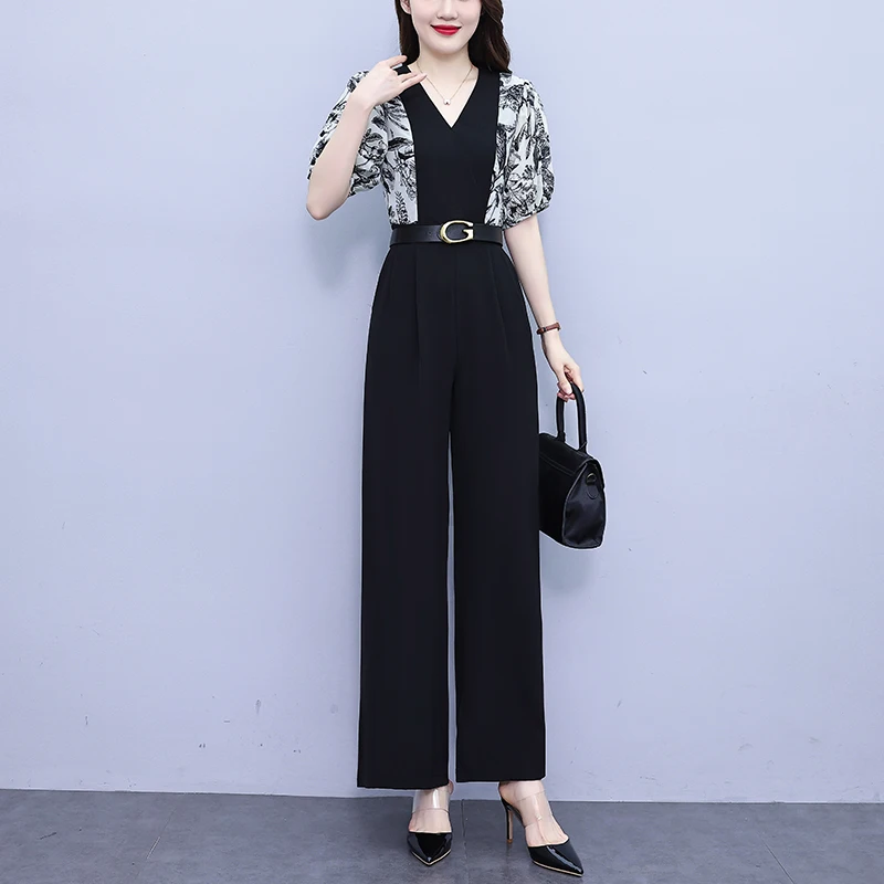 Real Photo 2025 Summer New Printed Chiffon Spliced Wide Leg Jumpsuit Slim Fit Bandage High Waist Jumpsuits Female