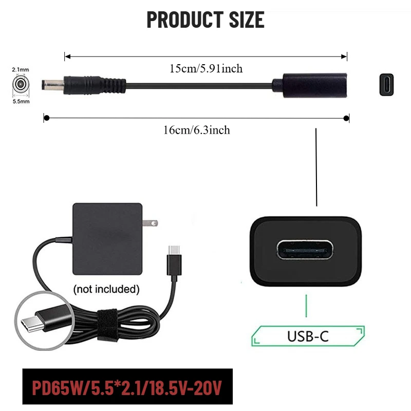 65W USB C PD to DC 5.5x2.1mm Trigger Cable, Type-C Female to 5.5mm DC Male Power Adapter Cord for 20V Laptop/Notebook Charging