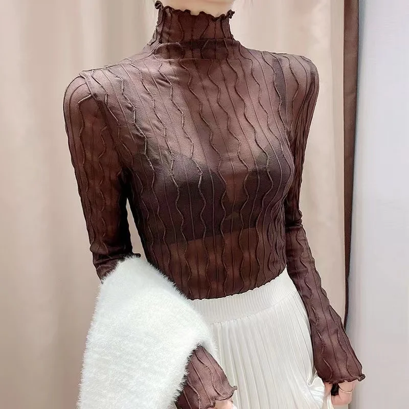 레이스 베이스 이르트 봄 가을 신상 튼튼한 스웨터 이너 네트 하이 칼라 롱 슬리브 다용도 탑 물결무늬 스트라이프