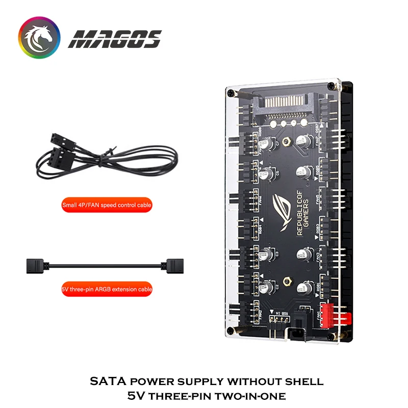 RGB Fan PWM HUB SATA Power Supply, 8 X 3Pin ARGB / 4Pin RGB M/B SYNC + 8 X 4Pin PWM Header Temperature + Light 2 In 1 Control