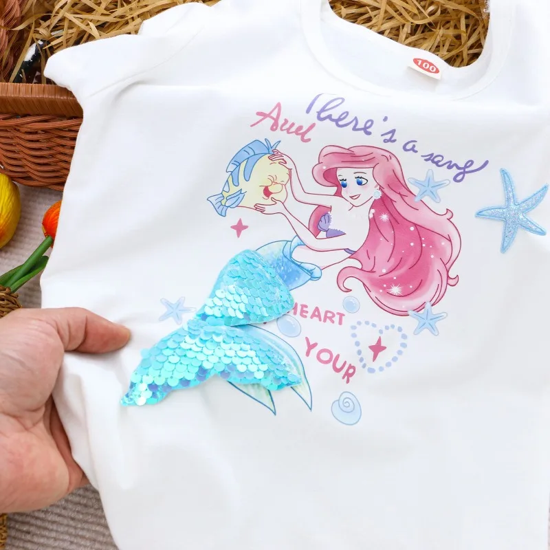 2024 New Cotton Summer Girls Tee Kids T-shirt Short sleeves Children Party Princess Disney Baby Girl Clothes Costumes Ariel 2-8Y