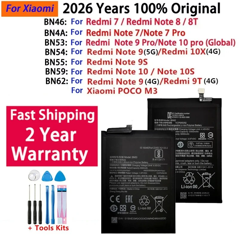 Batería Original BN53 BN54 BN55 BN46 BN4A BN59 BN62 para Xiaomi Redmi Note POCO M3 7 8 8T 9 9T 9S 10 10S 10X 4G 5G Pro