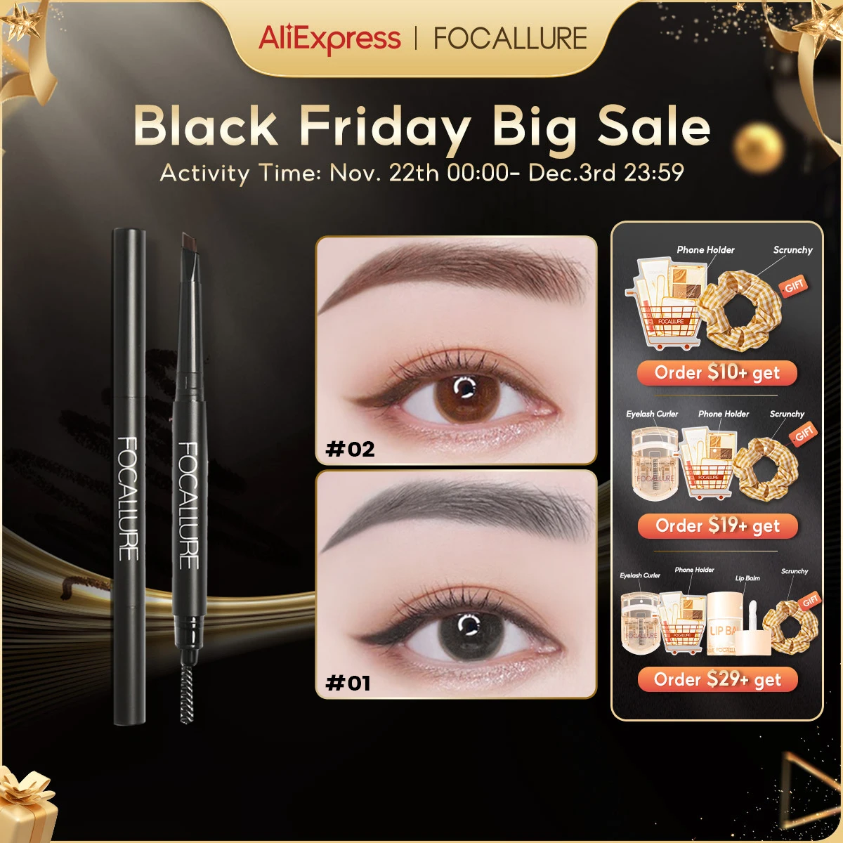 FOCALLURE 3 Colors Eyebrow Pencil Precise Brow Eyeliner Long Lasting Waterproof Blonde Brown Eye Brow Makeup Cosmetics Tools