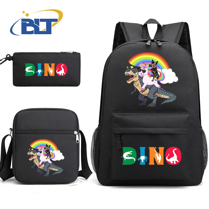 Dinossauro Imprimir Student School Bag Set, Juventude Mochila Preta, Bolsa de Ombro, Lápis, Presente Kids Back to School, 3 Pcs