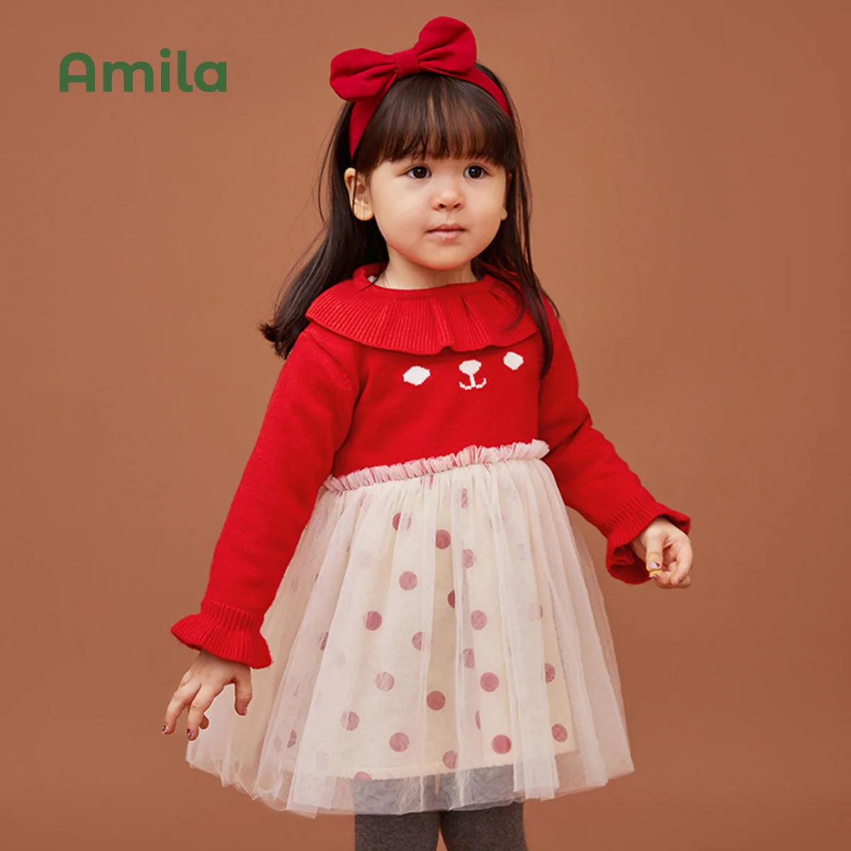 Amila Children's Clothing Girls 2024 New Spring&Autumn Cute Red and White Cotton DressChildren's  Girls Baby Dresse