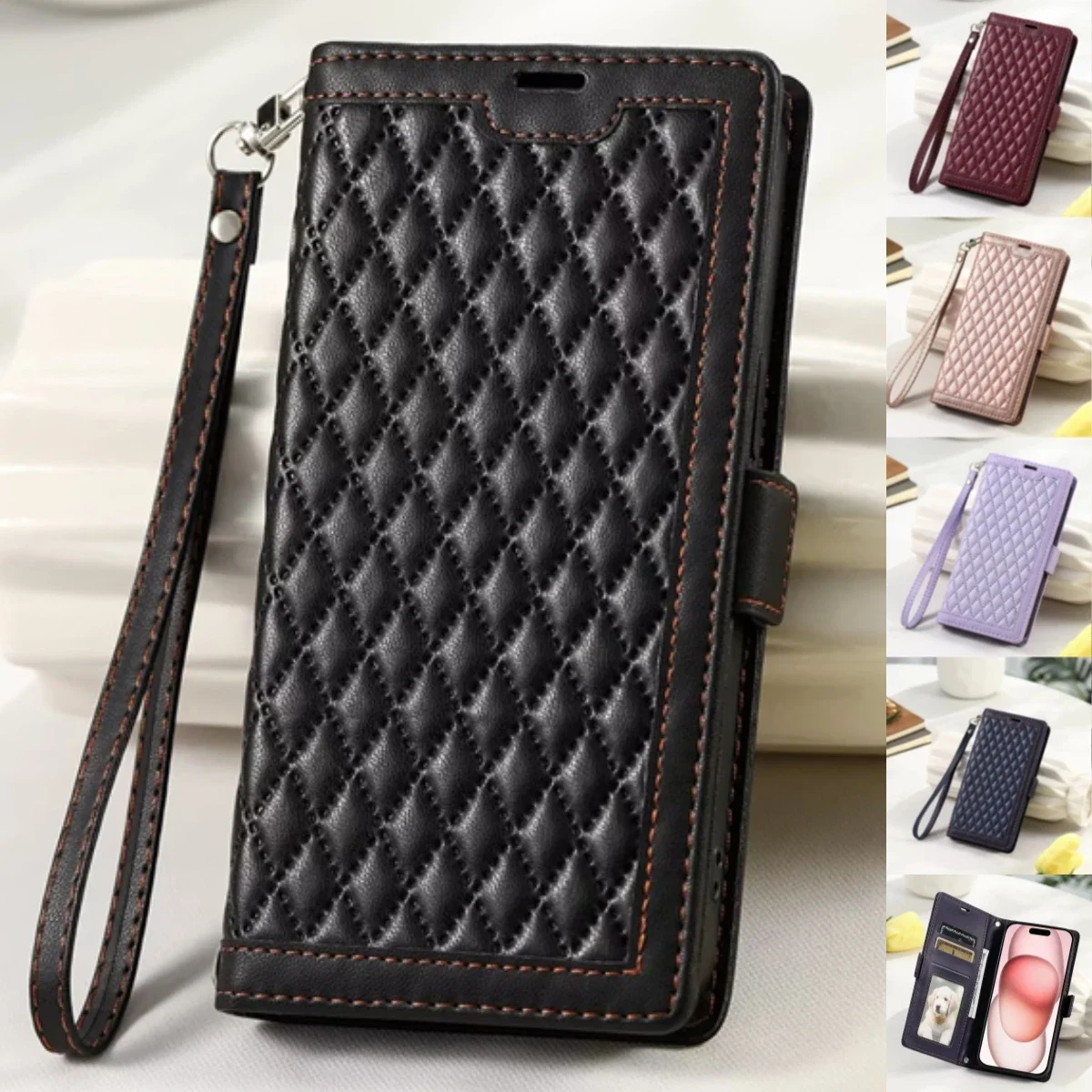 Schicke gesteppte Leder-Handyhülle für Samsung S25 Edge S24 Ultra S23 FE S22 S21 S20 Plus Note20 Pocket Wallet Card Flip Cover
