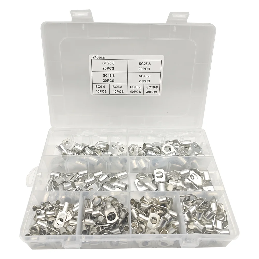 

240pcs Car Ring Terminal Cable Lugs Tinned Copper Lug Wire Eye Connectors Bare Cable Battery Terminals Lugs Wire Kit SC6-25