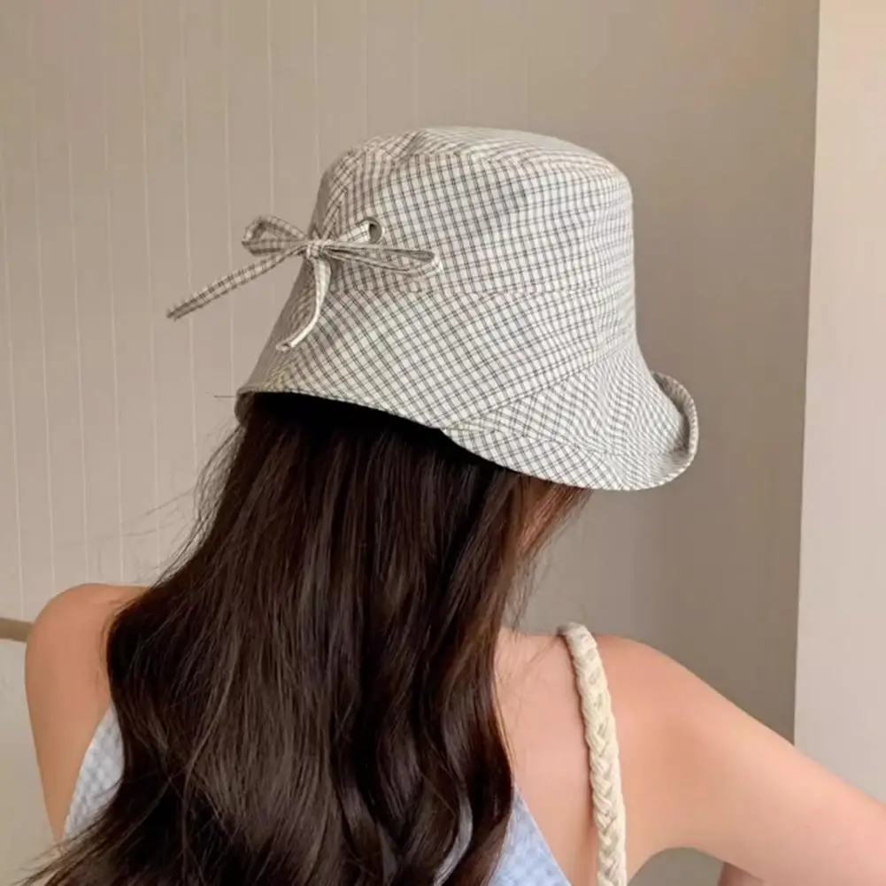Windproof Drawstring Fishing Hat Plaid Fisherman Hat for Women Wide Brim Uv Protection Sun Cap Adjustable Back Bow Beach Hat