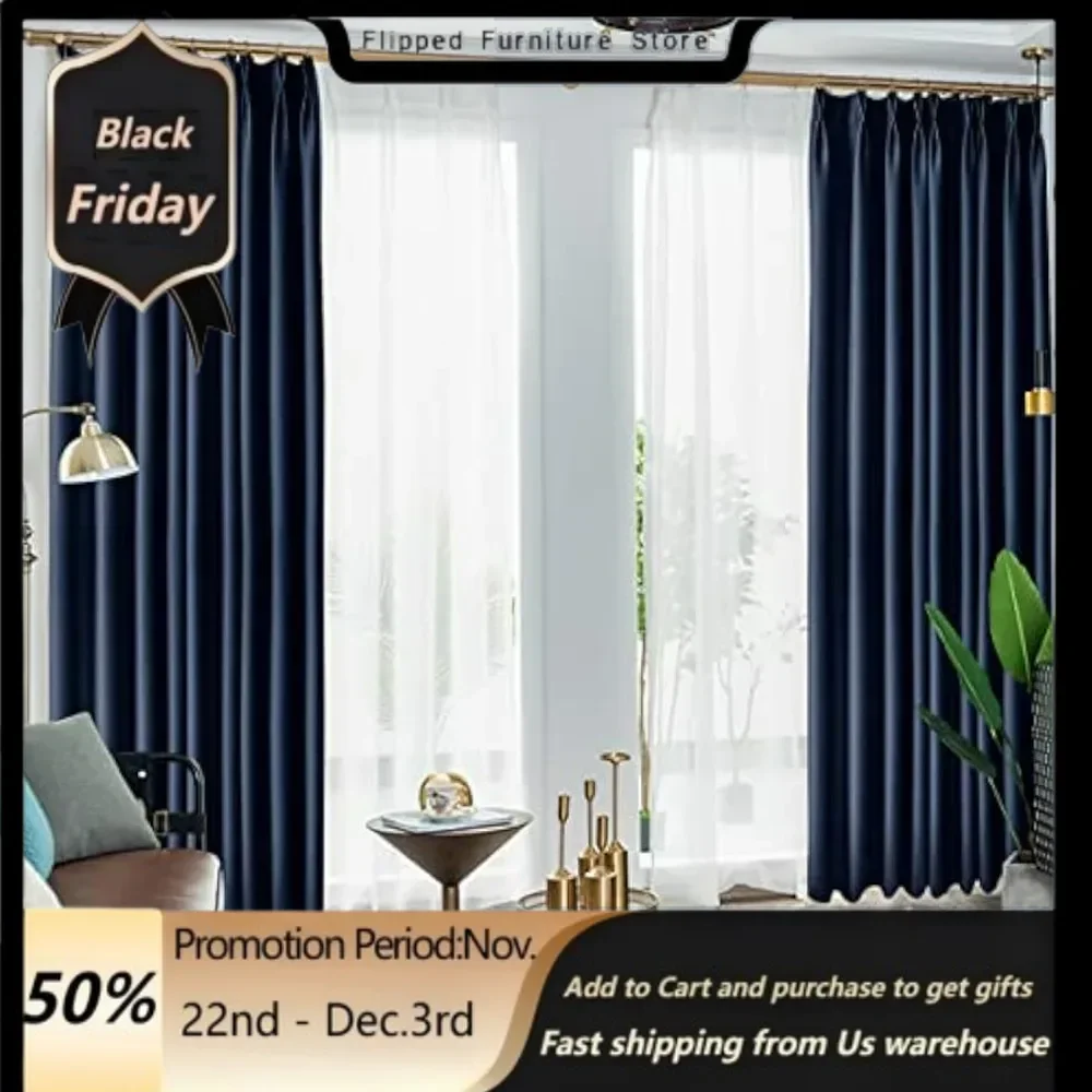 Pinch Pleat Solid Thermal Insulated 95% Navyout Patio Door Curtain Panel Drape for Traverse Rod and Track, Navy