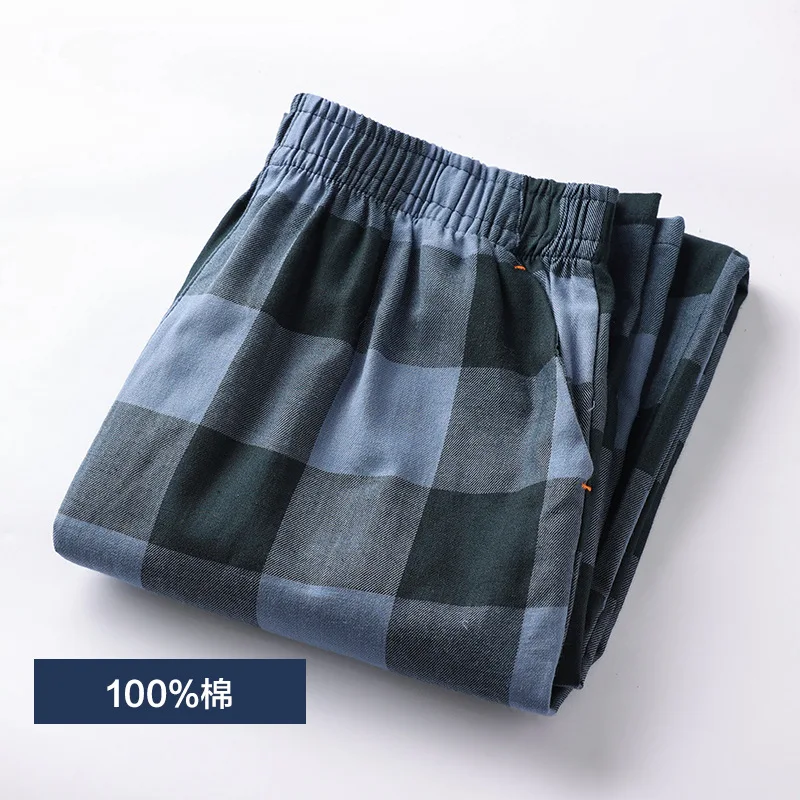 Spring Summer High Quality Pants Men 100% Cotton Sleep Bottoms Male Plus Size Night Trousers Men Casual Loose Plaid Home Pants