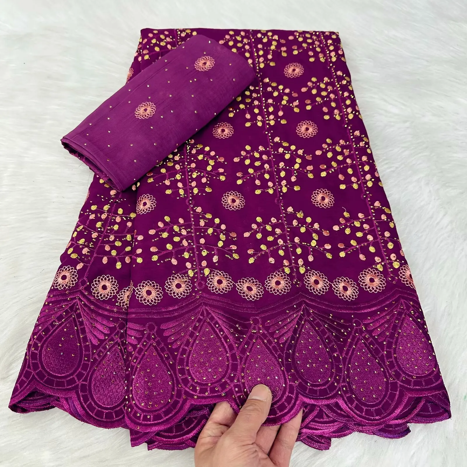 5+2 Yards Dry Lace Fabric Latest Heavy Beaded Embroidery African Cotton Swiss Voile Popular Dubai Style For Party Wedding 3118