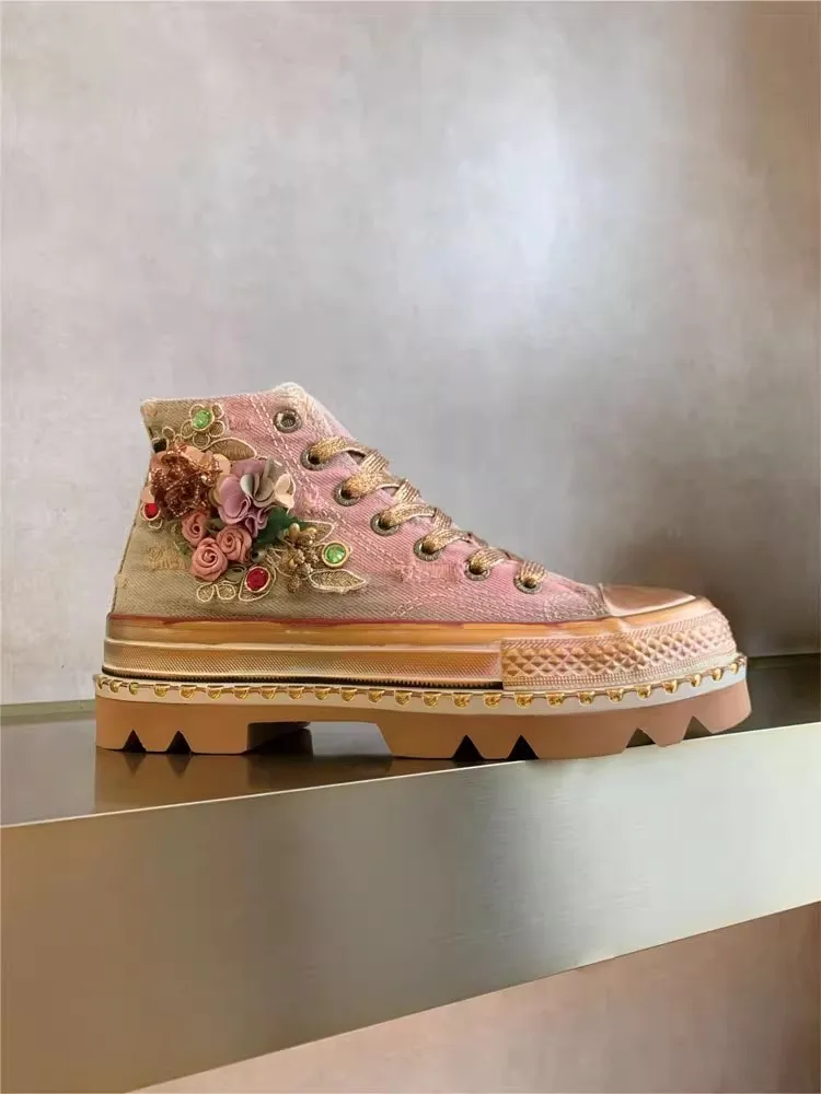 Women Vintage Ripped Gradient Color Canvas Shoe Flowers Design Lace Up Casual High Top Shoes Height Increasing Platform Pumps