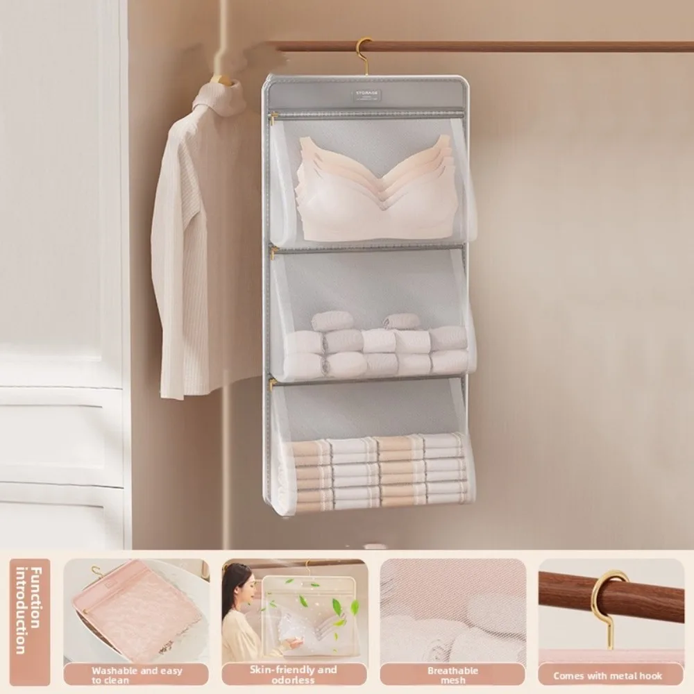 

Foldable Underwear Storage Bag Breathable with Zipper Multi-layer Socks Hanging Bag with Hanger Space Saving