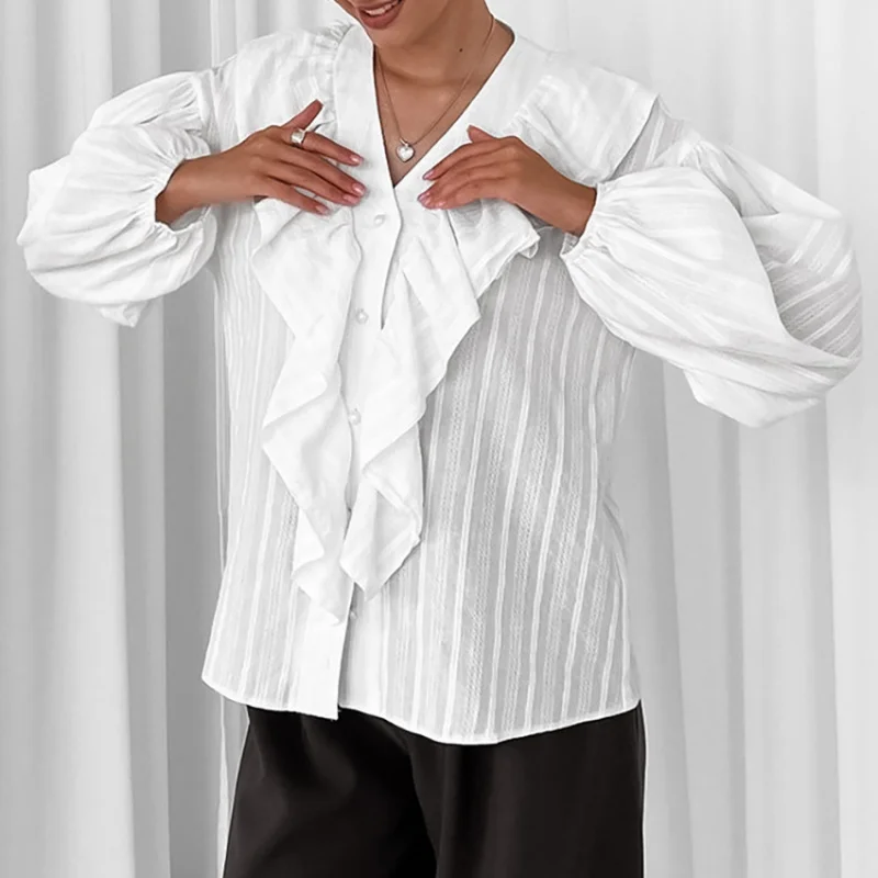 

French Ruffle Long Sleeve Shirt Casual Loose Versatile Cotton Top New Autumn Winter