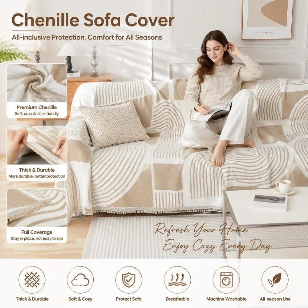 Full Cover Sofa Throw Cover Protective Non Slip Geometric Line Sofa Cover Scratch Proof Fringe Trim Chenille Couch Slipcover