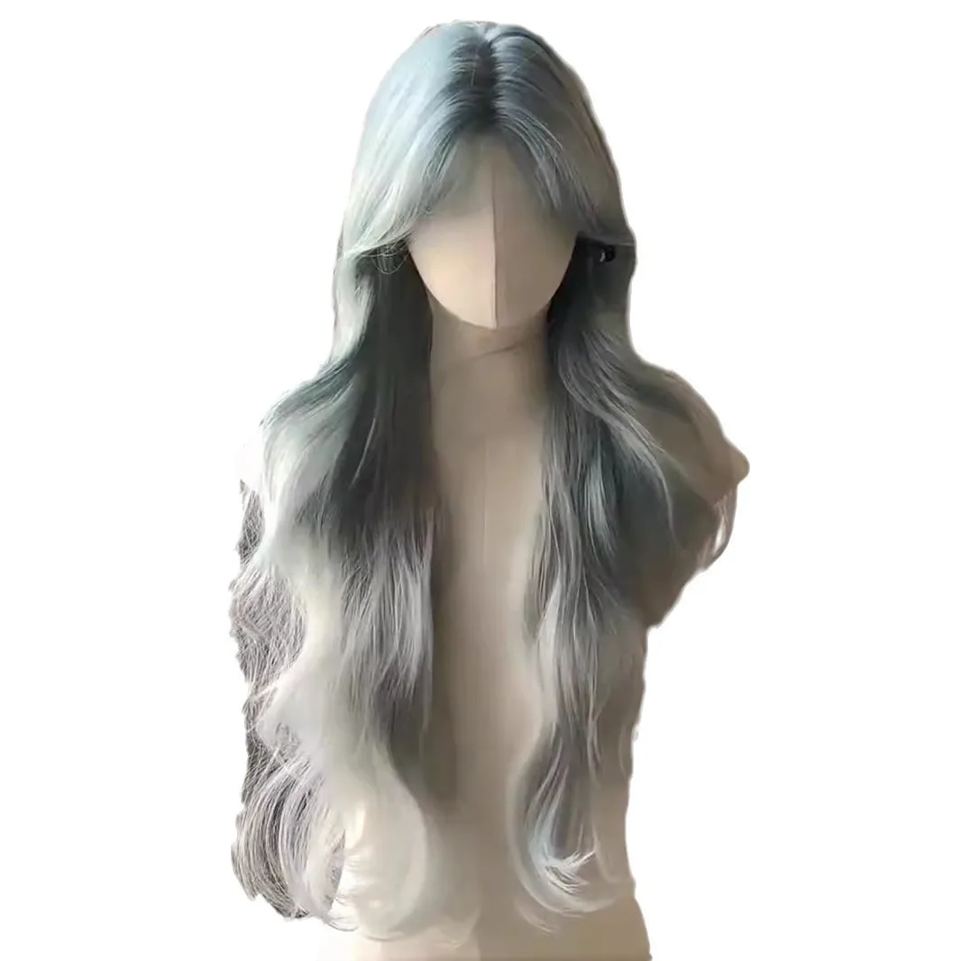 Peruka z długimi włosami dla kobiet, długie falowane włosy z niebieskim gradientem, duże fale, realistyczna i elegancka peruka na całą głowę.
