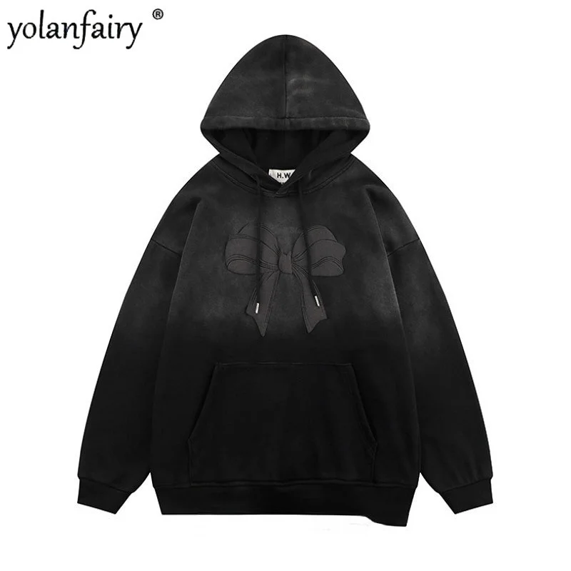 Hoodies for Men Clothing Spring Fall New Vintage Bow Print Hooded Sweater Men's and Women's Hoodie Trendy Loose Casual Coat FCY